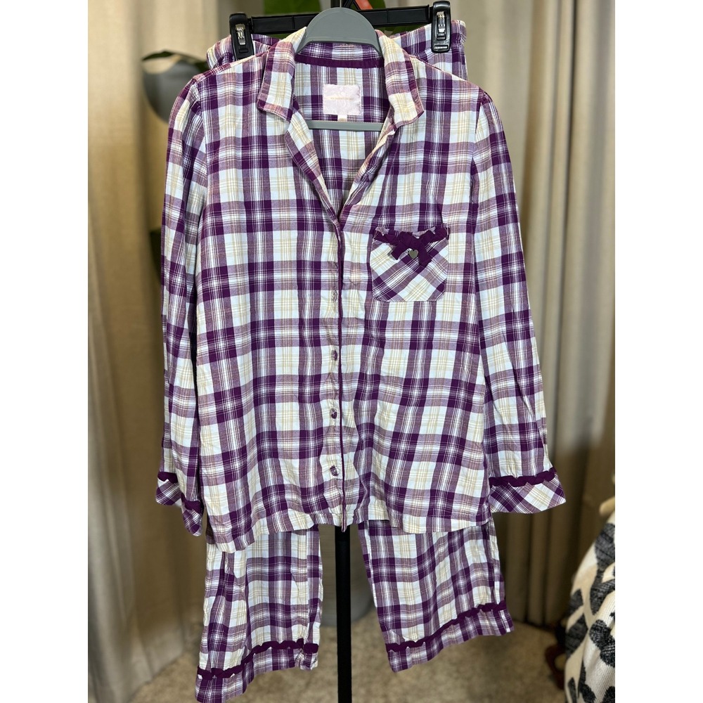 Victorias Secret Pajama Set Womens Medium Purple White Plaid Long Sleeve 2 Piece
